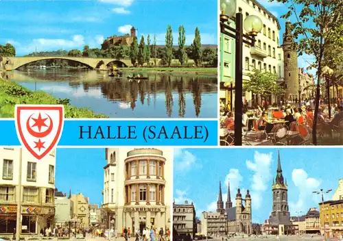 AK, Halle Saale, vier Abb. und Wappen, 1979