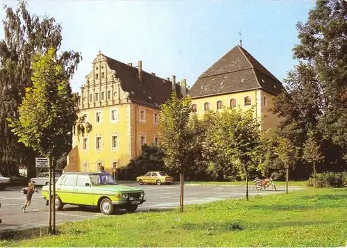 AK, Lübben Spreewald, Blick zum Schloßturm, PKW Wartburg, 1986