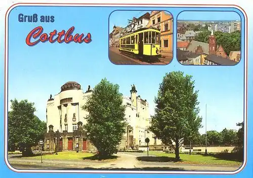 AK, Cottbus, 3 Abb., u.a. hist. Straßenbahn, ca. 1994