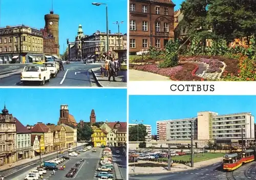 AK, Cottbus, vier Abb., u.a. Hotel Lausitz, 1985