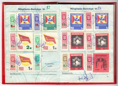 FDGB-Ausweis, mit vielen Beitrags- und Spendenmarken, 1980-1989