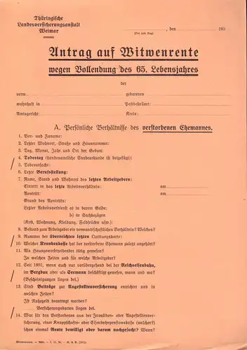 Thüringische Landesversicherungsanstalt Weimar, Antrag auf Witwenrente, 1930