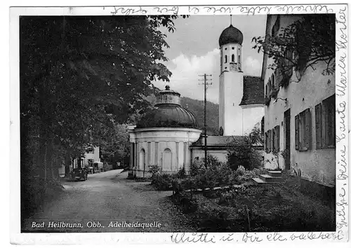 AK, Bad Heilbrunn, Adelheidsquelle und Kirche, 1950