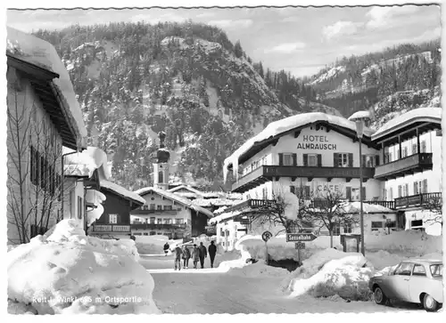 AK, Reit im Winkl, winterliche Ortspartie mit Hotel "Almrausch", um 1968