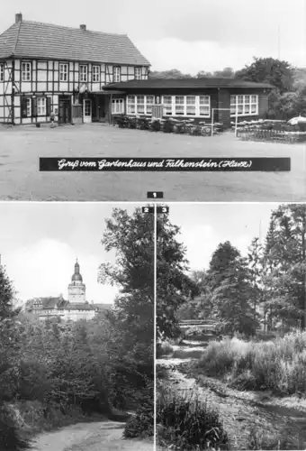 AK, Falkenstein Harz, Gruß vom Gartenhaus und Falkenstein, drei Abb., 1969