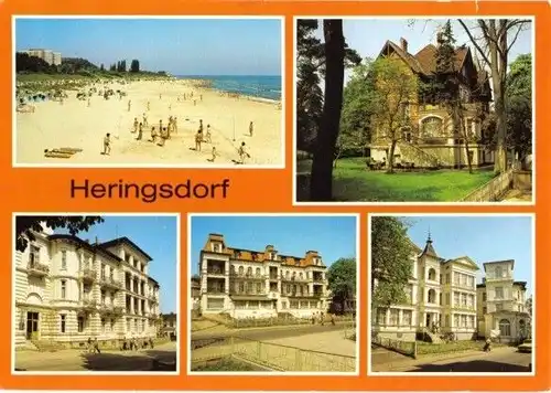 AK, Heringsdorf, 5 Abb., Strand und FDGB-Erholungsheime, um 1988