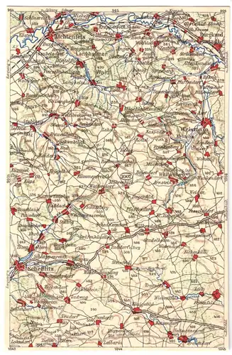 AK mit Landkarte, Areal südöstlich von Lichtenfels, um 1923