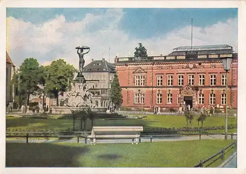 AK, Görlitz, Postplatz mit Kunstbrunnen, früher DDR-Farbdruck, 1951