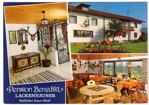 AK, Lackenhäuser Südl. Bayer. Wald, "Pension Benedikt", drei Abb., 1990