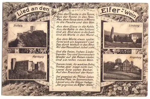 AK, Trifels, Maxburg, Pfälzer Burgen, Lied an den "Elfer"-Wein, 1912