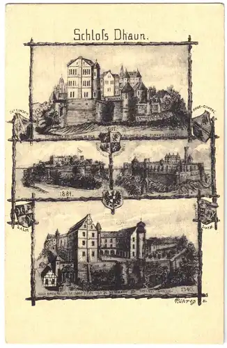 AK, Hochstetten-Dhaun, Schloß Dhaun, vier Abb., Künstlerkarte, um 1920