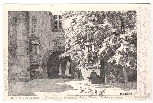 AK, Büdingen, Schlosshof, Künstlerkarte, um 1918