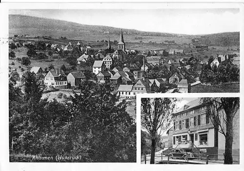 AK, Rhaunen Hunsrück, Gasthaus u. Metzgerei Ed. Schuster, zwei Abb., 1954