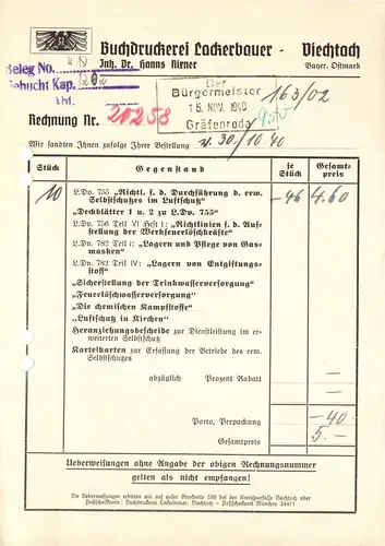 Rechnung, Buchdruckerei Lackerbauer, Viechtach Bayer. Ostmark, 30.10.40