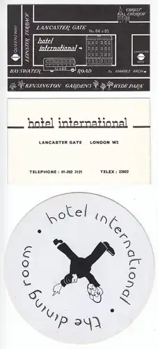 London, Hotel International, Lancester Gate, zwei Hotelkarten, Beilage, um 1990