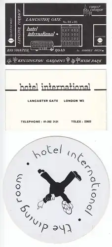 London, Hotel International, Lancester Gate, zwei Hotelkarten, Beilage, um 1990 