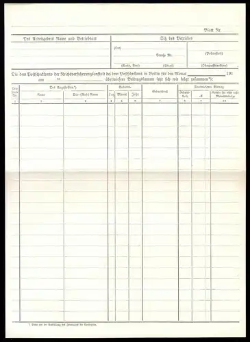 Formular der Reichsversicherungsanstalt für Angestellte aus dem Jahre 1911