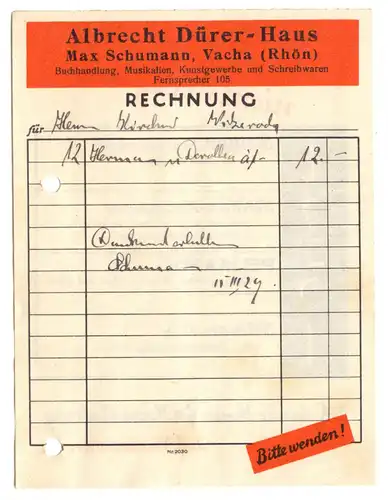 Rechnung, Albrecht Dürer-Haus Max Schmann, Vacha Rhön, 15.3.1929