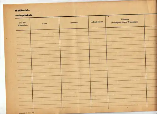 Änderungsblatt für die Wählerliste zu Wahlen in der DDR, blanko, um 1970