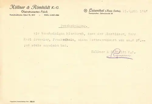 Verdienstbescheinigung, Fa. Köllner & Römhildt KG, Luisenthal, 15.04.1946