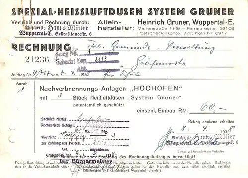 Rechnung, Fa. Heinrich Gruner, Wuppertal-E., Marienstr. 14-16, 8.4.38