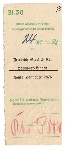 Empfängerabschnitt einer Überweisung mit Stempel des PSchA Hannover, 29.12.43