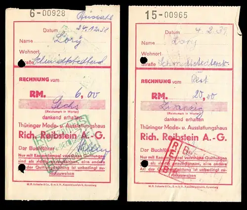 vier Einzahlungsscheine zu Gunsten der Fa. Rich. Reibstein AG, Erfurt, 1938