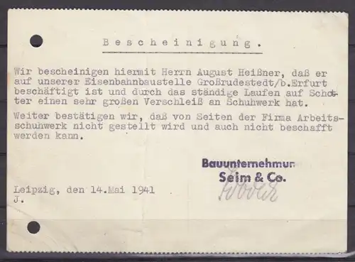 Betriebliche Bescheinigung der Fa. Seim & Co., Leipzig wg. Schuhverschleiß, 1941