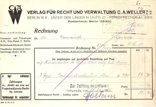 Rechnung, Verlag für Recht und Verwaltung C. A. Weller, Berlin W 8, 5.12.35