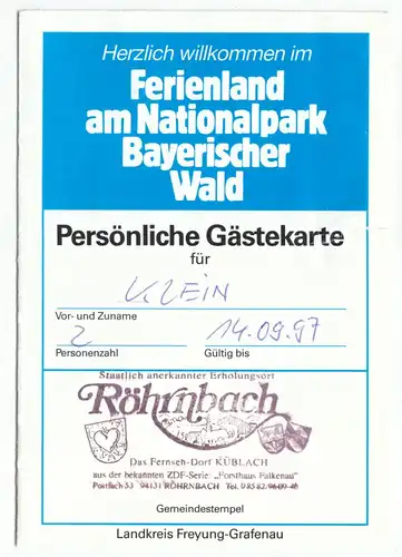 Gästekarte, Ferienland am Nationalpark Bayerischer Wald, Röhrnbach, 1997