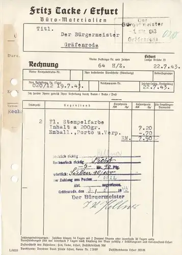 Rechnung, Fa. Fritz Tacke, Büro-Materialien, Erfurt, 1943