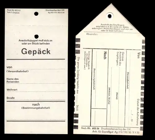 Expreßgutkarte der Deustchen Reichsbahn und zwei Kofferanhänger, blanko, 1977-85