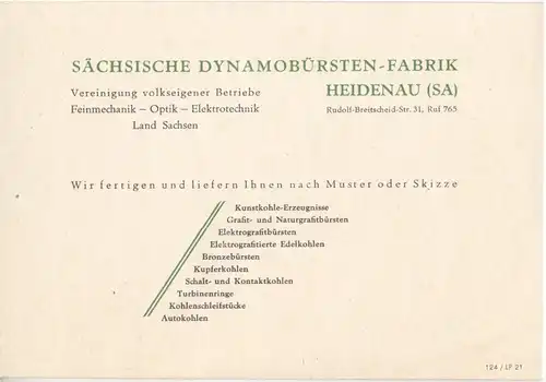 Vertreterkarte, Fa. Sächsische Dynamobürsten-Fabrik Heidenau (Sa), um 1950