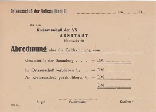 Abrechnungskarte einer Geldsammlung der Volkssolidarität, Arnstadt, um 1950