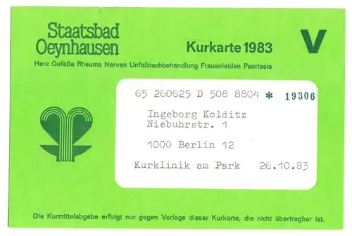 Kurkarte, Staatsbad Oeynhausen, 1983