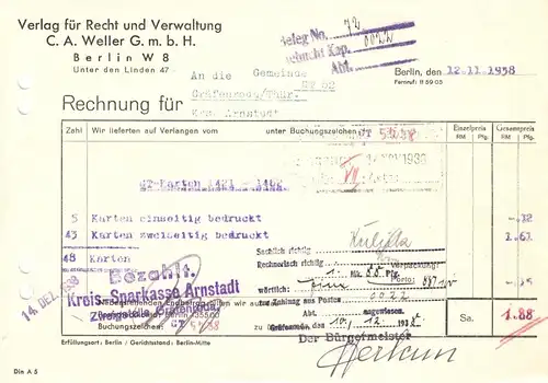 Rechnung, Verlag für Recht und Verwaltung C. A. Weller, Berlin W 8, 12.11.38