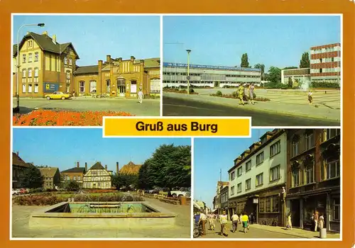 AK, Burg bei Magdeburg, vier Abb. u.a. Bahnhof, um 1989