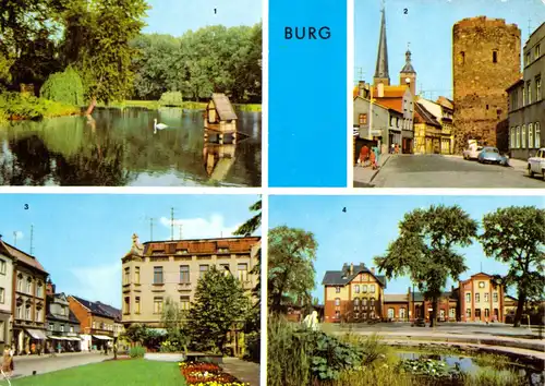 AK, Burg bei Magdeburg, vier Abb. u.a. Flickschupark, 1973