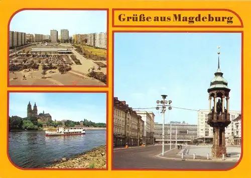 AK, Magdeburg, drei Abb., u.a. Magdeburger Reiter, 1989