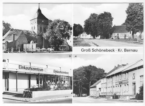 AK, Groß Schönebeck bei Bernau, vier Abb., u.a. Einkaufszentrum, 1983