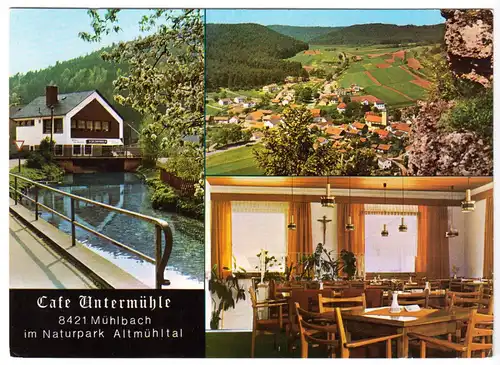 AK, Mühlbach Altmühltal, Café Untermühle, drei Abb., um 1979