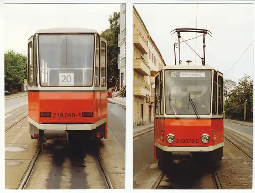 zwei Fotos im AK-Format, Berlin Lichtenberg, Gudrunstr., Straßenbahn, um 2000
