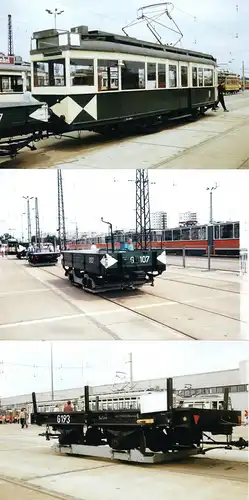 Foto im AK-Format (12), Berlin Marzahn, Betriebshof, versch. Arbeitswagen, 1987