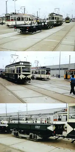 Foto im AK-Format (12), Berlin Marzahn, Betriebshof, versch. Arbeitswagen, 1987