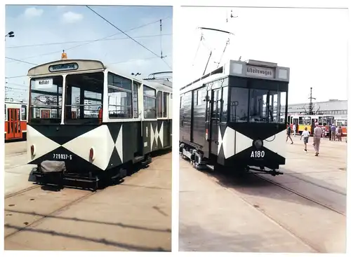Foto im AK-Format (12), Berlin Marzahn, Betriebshof, versch. Arbeitswagen, 1987
