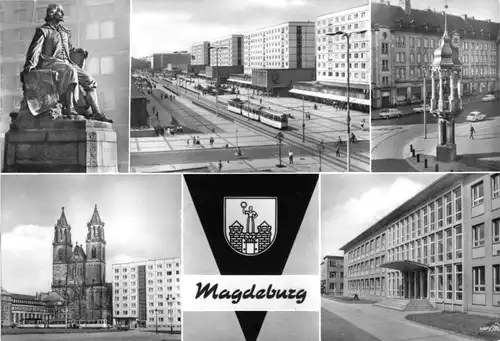 AK, Magdeburg, fünf Abb., gestaltet, mit Wappen, 1971