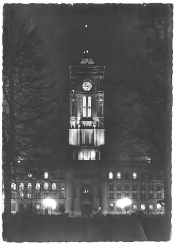 AK, Berlin Mitte, Rotes Rathaus, Nachtansicht, 1957