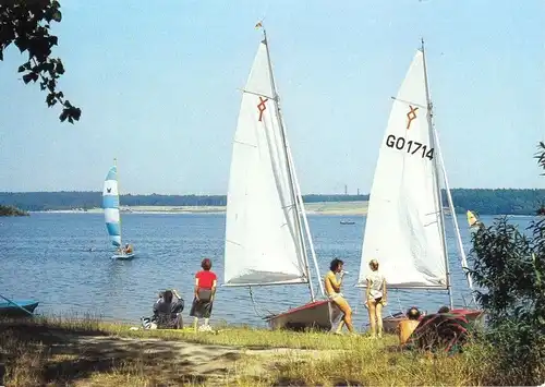 AK, Knappensee Kr. Hoyerswerda, Strandpartie belebt, Segelboote, 1989