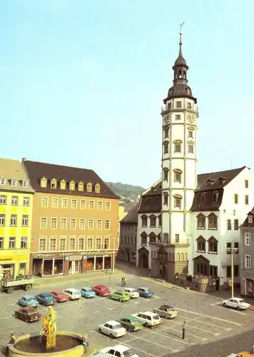 AK, Gera, Partie am Rathaus, zeitgen. Pkw, 1982