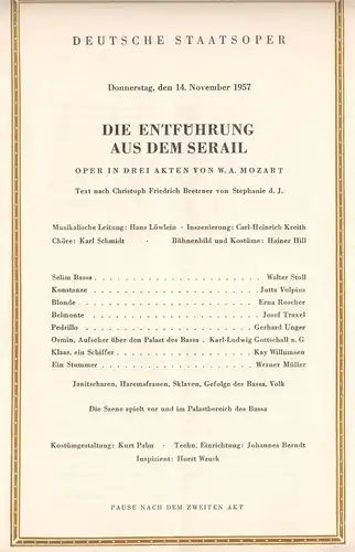 Theaterprogramm, Deutsche Staatsoper Berlin, Die Entführung aus dem Serail, 1957